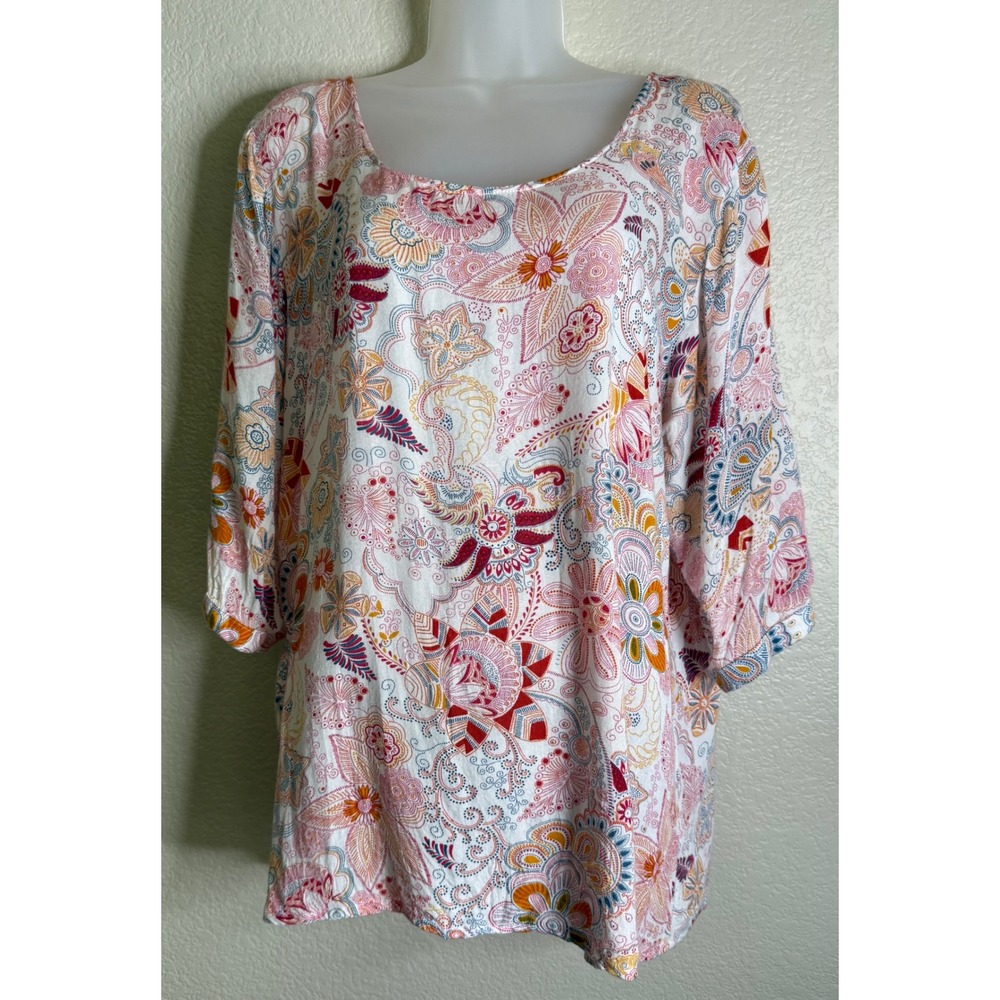 World Market Womens L/XL Tunic Top Pink Orange Paisley Floral 3/4 Sleeve Resort‎